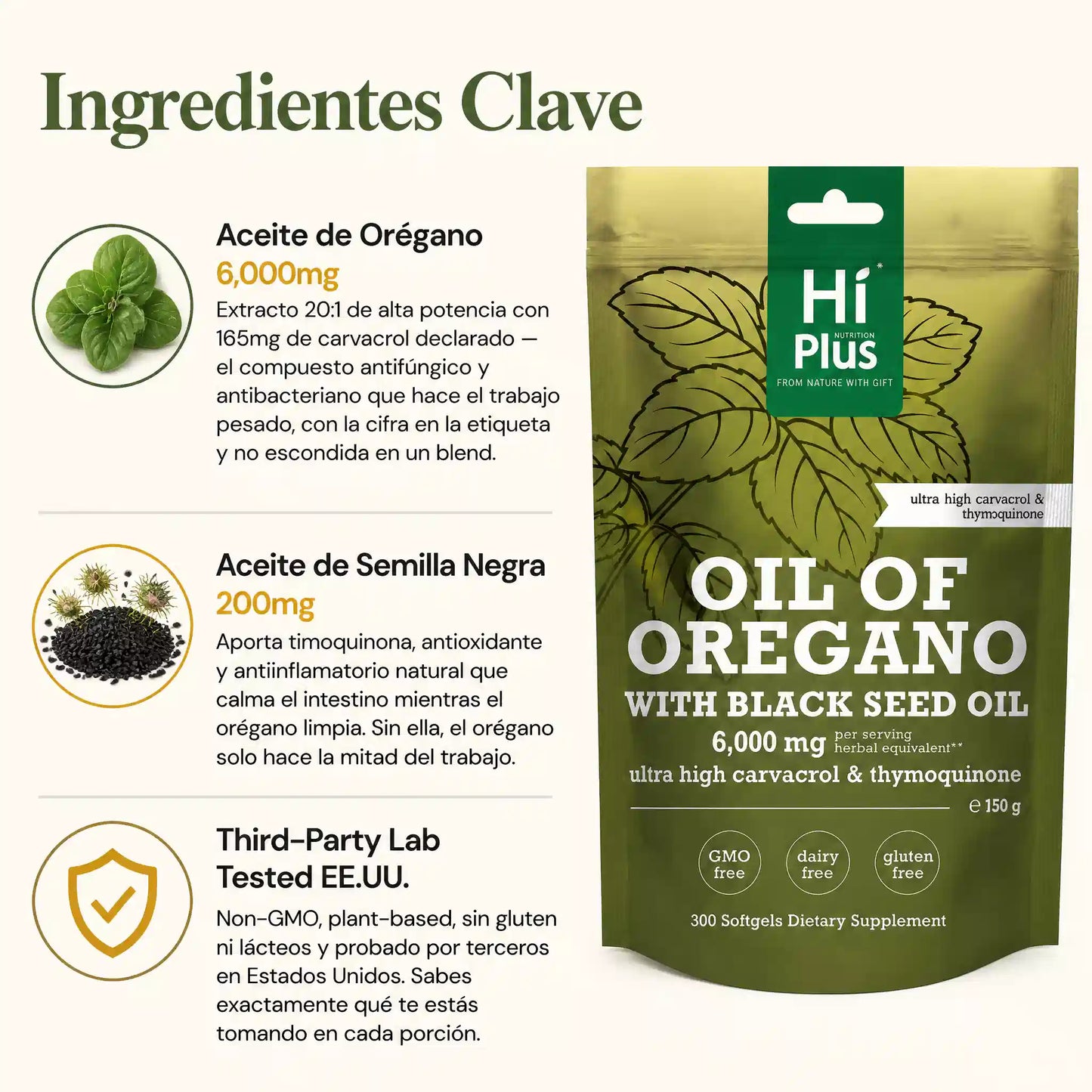 HiPlus Nutrition Oregano Oil with Black Seed Oil Softgels | Immune Support,Antioxidant Boost | with Black Seed Oil & High Carvacrol | Non-GMO, Plant-Based | 300 Count